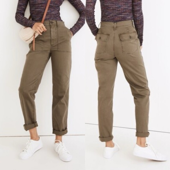 Madewell Perfect Vintage Utility Cargo Olive Green Herringbone Pants - Picture 1 of 15